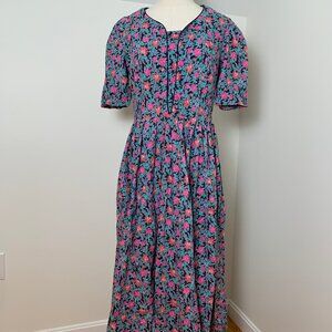 Vintage Laura Ashley black with pink and green floral dress US10